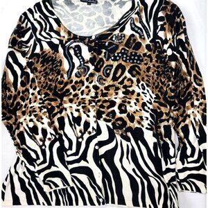 Pierri New York Women's Sweater Cardigan Animal Print Button Up Size 2X beads